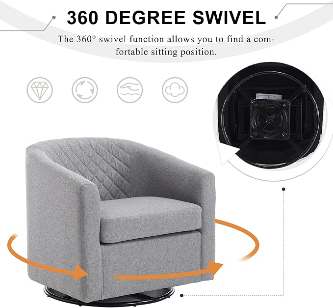 Swivel Gilder Chair Modern Round Armchair 360° Swivel Linen Barrel Chair Club Chair for Living Room Bedroom Office (Grey)