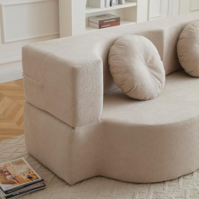 King Size Sofa Bed 76 Inch Convertible Futon Boneless Couch 2-in-1 Loveseat Sleeper Sofa with 2 Pillow Modern Velvet Fabric Floor Couch Bed for Living Room No Assembly Required (Beige)