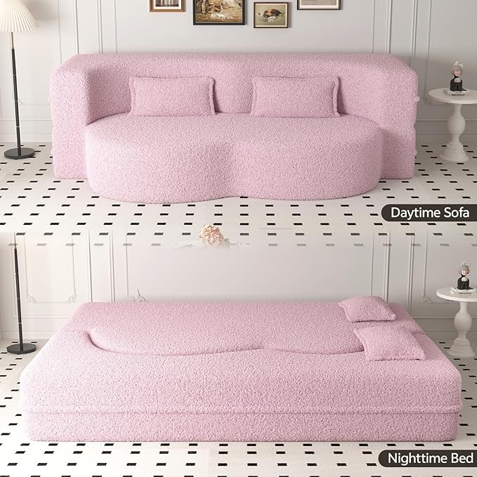 Newfun 78 Convertible Sofa Bed 2 in 1 Folding Couch Bed Futon Sofa Bed with Two Pillows Loveseat Sofa for Living Room Bedroom Lounge Compressed Modern Sofa No Assembly Required (Pink)