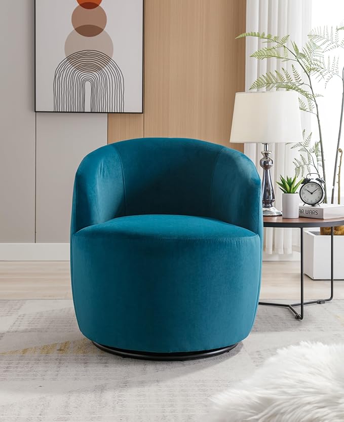 Swivel Barrel Accent Chair Velvet 360° Swivel Chair Small Leisure Chair Single Sofa Chair with Metal Swivel Base for Living Room Hotel Bedroom Office Coffee Shop (Teal + Velvet)