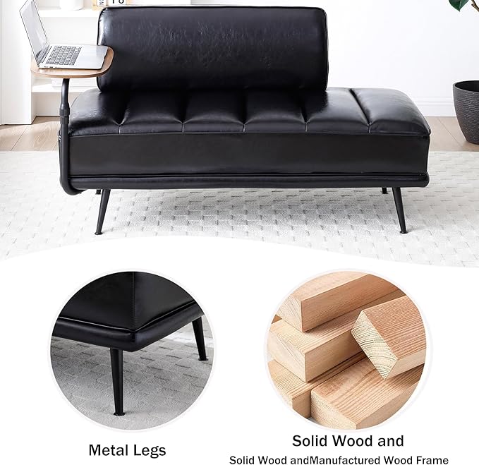 Anwick 55 PU Leather Small Sofa Loveseat Couch with Side Table Modern Upholstered Bed End Bench with Back for Bedroom Living Room Office Entryway (Black)