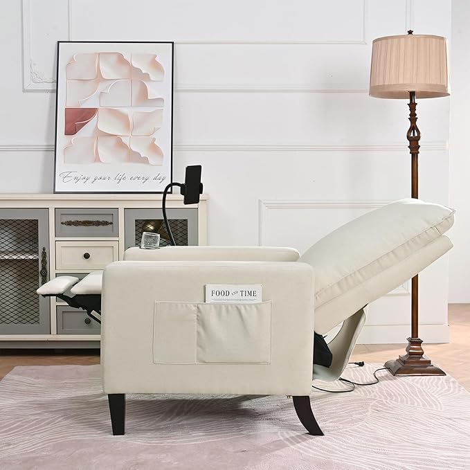 Beige Adjustable Recliner Chair with Phone Holder &amp Cup Holder for Living Room Modern Push Back Recliner Sofa
