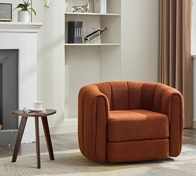 Swivel Accent Chairs for Living Room Teddy Fabric 360 Degree Round Swivel Barrel Armchair Pumpkin Shaped Single Club Sofa Recliner Chairs for Home Bedroom Apartment Office (Brown)