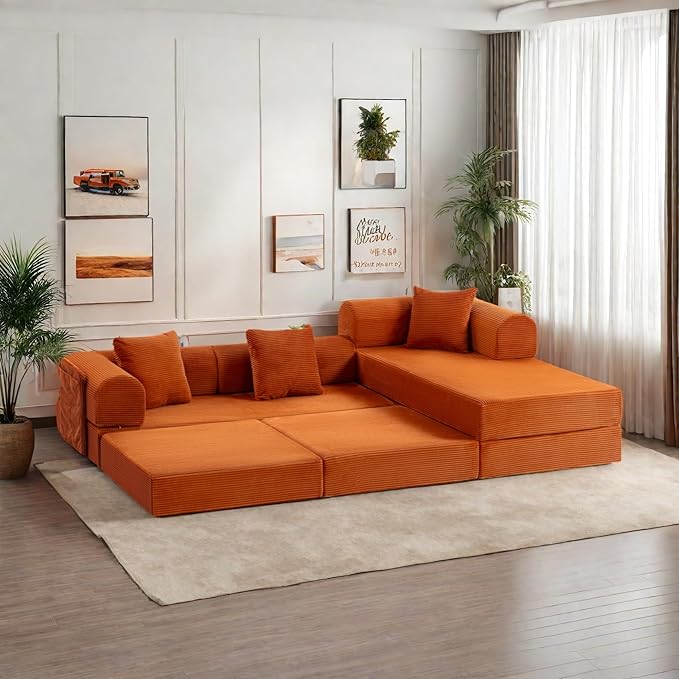 106.3 L Shape Convertible Sleeper Sofa Bed Oversized Modular Sectional Cloud Sofa with Fixed-Shape Frame &amp Storage Pocket Boneless Couch for Living Room No Assembly Required Orange