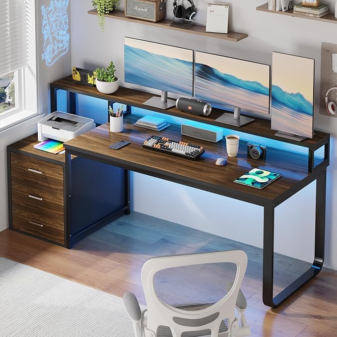 HOMBCK 67 Computer Desk with 3 Drawers Home Office Desk with Long Monitor Stand and Printer Space Office Desk with Storage &amp LED Lights Writing Desk with Drawers Black and Walnut