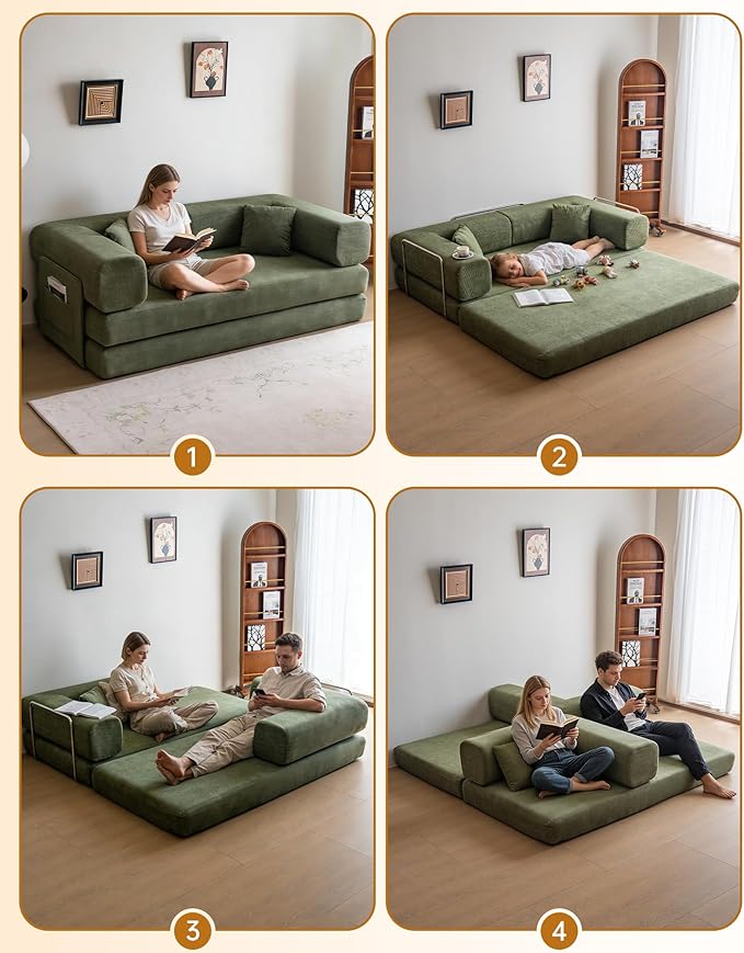 No Assembly Convertible Sofa Bed &amp 79 Boneless Couch with Pocket  5-in-1 Futon Sofa Bed with 2 Pillows Modular Pull Out Couch Bed with FrameCompression in Box for Living Room Small Spaces Green