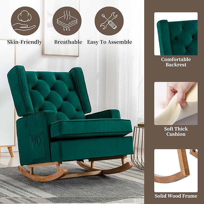 QQU Rocking Chair with Arms Leisure Chair IndoorComfy High Back Chair with Solid Wood Base Side Pocket for Living RoomBedroomOffice(A-Emerald)