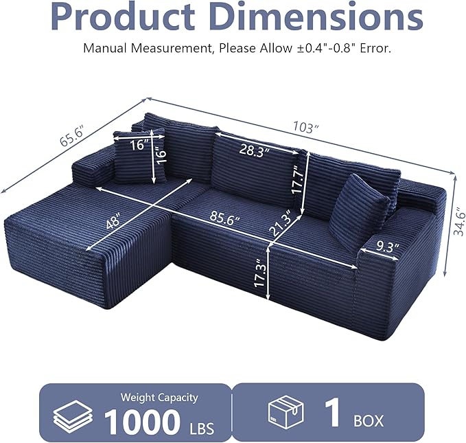 GNIXUU Cloud Sectional Couch with L-Shape Chaise Modern Modular Sofa with Deep Seat Comfy Corduroy Boneless Couches for Living Room Bedroom Apartments No Assembly Required Blue