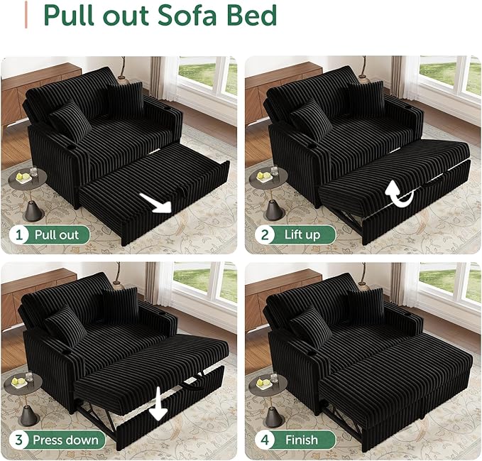 52” 3-in-1 Convertible Pull-Out Sofa Bed Sleeper Loveseat with Built-in Cup Holders Reclining Backrest Pet-Friendly Corduroy Sofa for Small Space - Black
