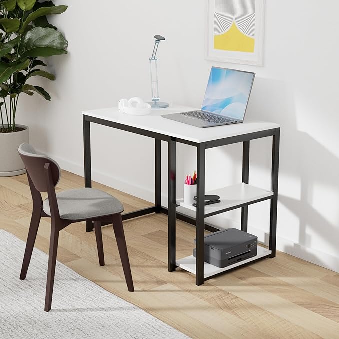 SINPAID Computer Desk 47 inches with 2-Tier Shelves Sturdy Home Office Desk with Large Storage Space Modern Gaming Desk Study Writing Laptop Table White Desk