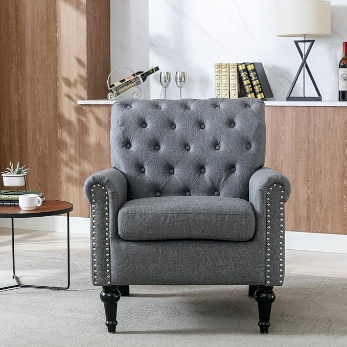 Upholstered Accent ChairsMid Century Armchair Sofa ChairsComfy Living Room ChairButton Tufted Reading Chair for Living Room BedroomStudy (2 Dark Grey)