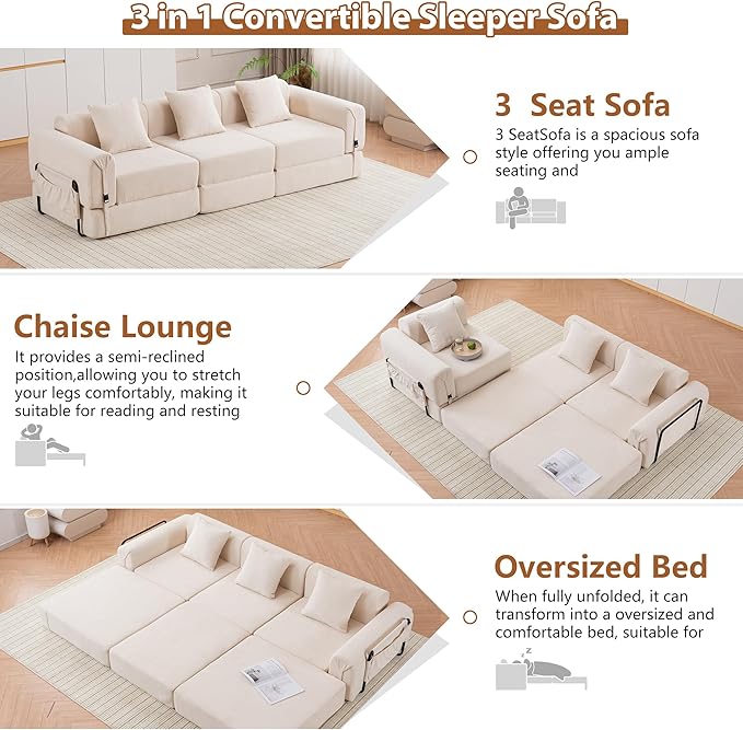 Oversized Cloud Modular Sectional Couch 3-in-1 Modular Floor Sofa with Deep Seat 3-Seater Folding Sofa Bed with 3 Pillows Large Sectional Couches for Living Room No Assembly Required Beige