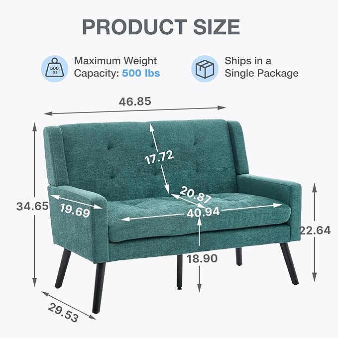 Mid-Century Modern 47 Small Loveseat &amp 2 Accent Chair Set Plush Linen Fabric with Button Tufted High Back &amp Solid Wood Legs for Apartment Living Room Bedroom Home Office (Teal 3-Piece Se