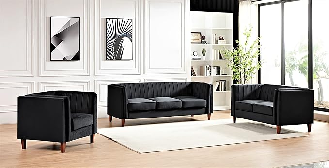 Container Furniture Modern Luxury Velvet Chair for Living Room with High Density Foam Soft Fabric Upholstery Removable Cushions and Solid Wood Legs 36.6'' Wide Armchair Black