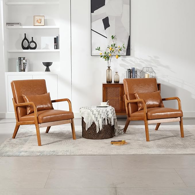 Modern Accent Chair Solid Wood Padding Lounge Armchairs with One Pillow for Living Room Bedroom Guest Room (Light Brown PU) RZ740