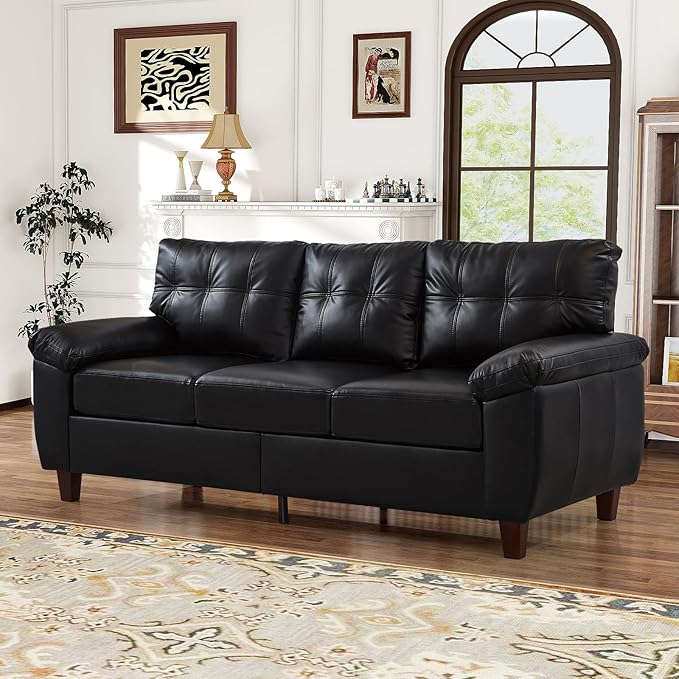 Faux Leather Sofa Couch and Loveseat Sets with Hidden Storage &amp Tufted Backrest Mid Century Modern Couch Deep Seat Comfy Chesterfield Sofa for Living Room Office(Loveseat + 3 Seater Sofa Black
