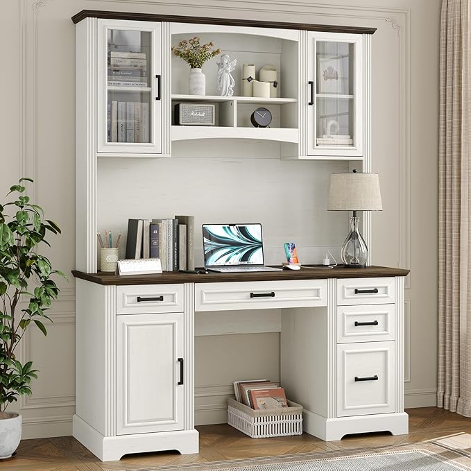 Furniouse Farmhouse 76 Height Executive Desk with Hutch Office Desk with Charging Station Drawers and Storage Cabinet Workstation for Office Home Brown Tabletop Off White