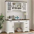 Furniouse Farmhouse 76 Height Executive Desk with Hutch Office Desk with Charging Station Drawers and Storage Cabinet Workstation for Office Home Brown Tabletop Off White