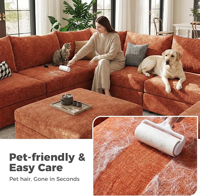 ABCASA L-Shaped 4-Seater Modular Sectional Sofa with Movable Storage Ottoman Comfy Cloud Couch Set in Terracotta Orange Chenille for Living Room