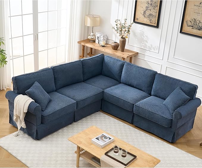 KEIKI 94 L-Shaped Oversized Modular Linen Sectional Sofa with Rolled Arms Cushion Back Modern Style Convertible 5-Seater Corner Couch Easy Assembly for Apartment Living Room Bedroom Dark Blue