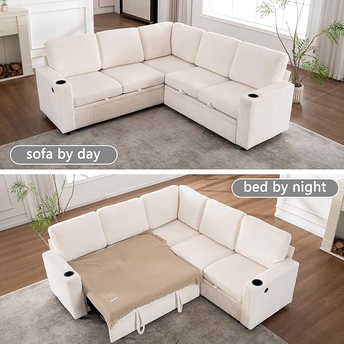 83 Modular Sectional Sleeper Sofa with Pull Out Bed Plush Corduroy L-Shaped Corner Couch with Storage USB Charger Cup Holders 5-Seater Sectional Couches for Living RoomApartment White