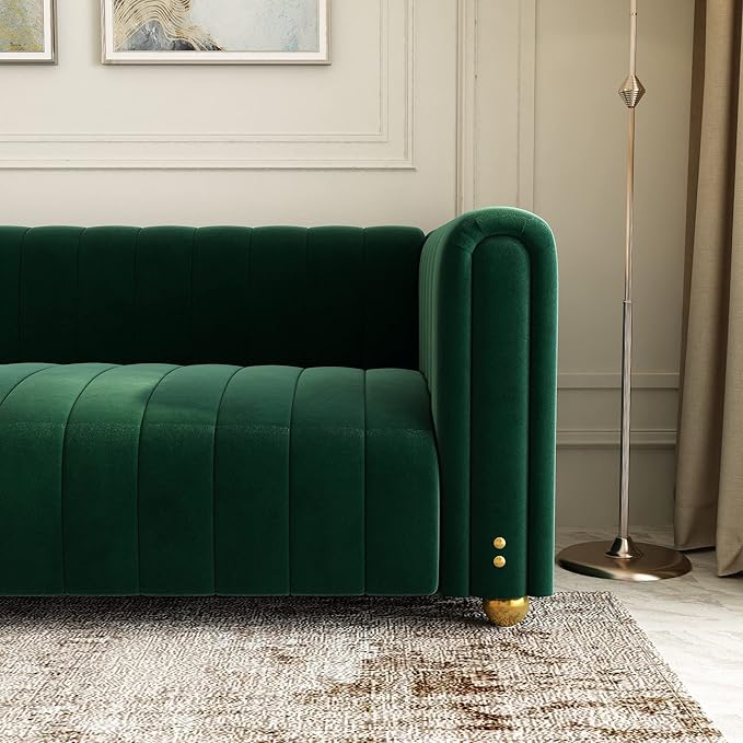 Emerald Green Velvet Couch 80 Inch Wide Mid-Century Modern Tufted Upholstered Sofa with Golden Leg 3 Seat Big Comfy Couch for Living Room