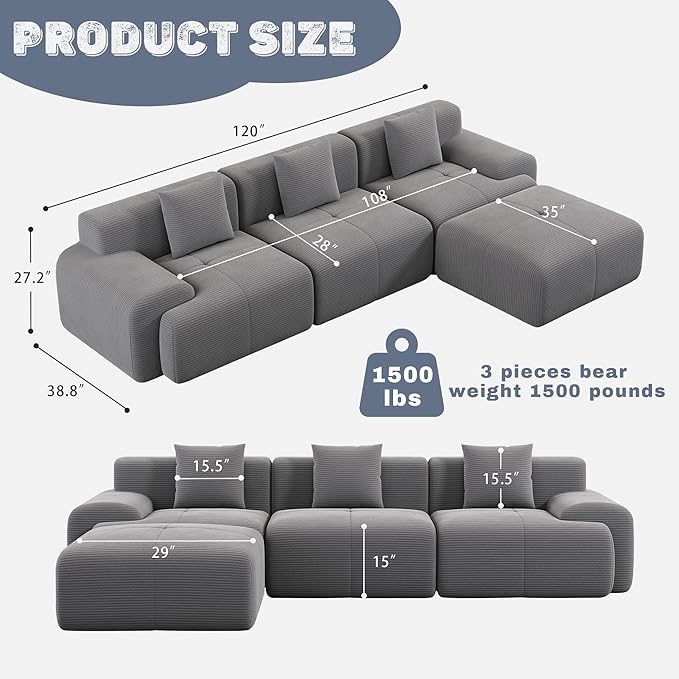120 Cloud Modular Sectional CouchBoneless SofaL-Shape Upholstered Sofas with Deep SeatModern Cozy Corduroy Couches with Memory FoamNo Assembly Required for Living Room(Dark Grey)