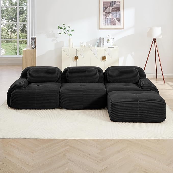 117.3 L-Shaped Inch Modular Sectional Sofa 3-Seater Cloud Couch with Deep Seat Boneless Couch with Pillows for Living Room Apartment Black