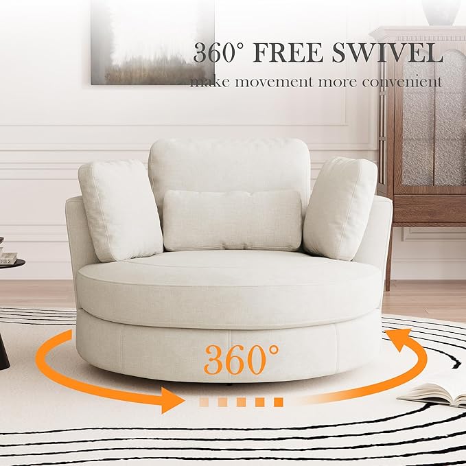 Aoiy &amp Wifon 50'' W Oversized Swivel Barrel Chair Beige Swivel Accent Chair for Living Room Round Oversized Arm Chair with 4 Pillows Deep Seat &amp Extra Wide Chenille