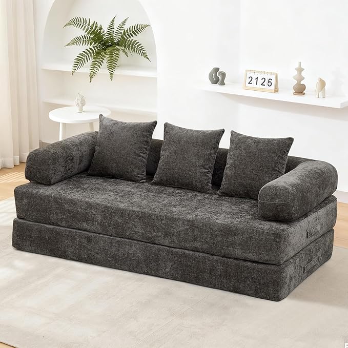 79 Inch 4-in-1 Convertible Sofa Bed Boneless Couches Chenille Folding Sleeper with Pull Out Bed Floor Futon Modular Lounge Loveseat Compressed Sofa No Assembly Required for Living Room (Gray)