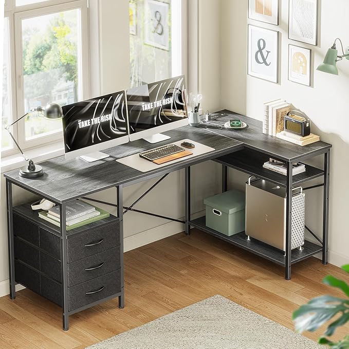 Huuger L Shaped Office Desk with Power Outlets 55 Inch Computer Desk with 3 Drawers Shelves Reverisble for Gaming Corner Work Home Office Study Grey