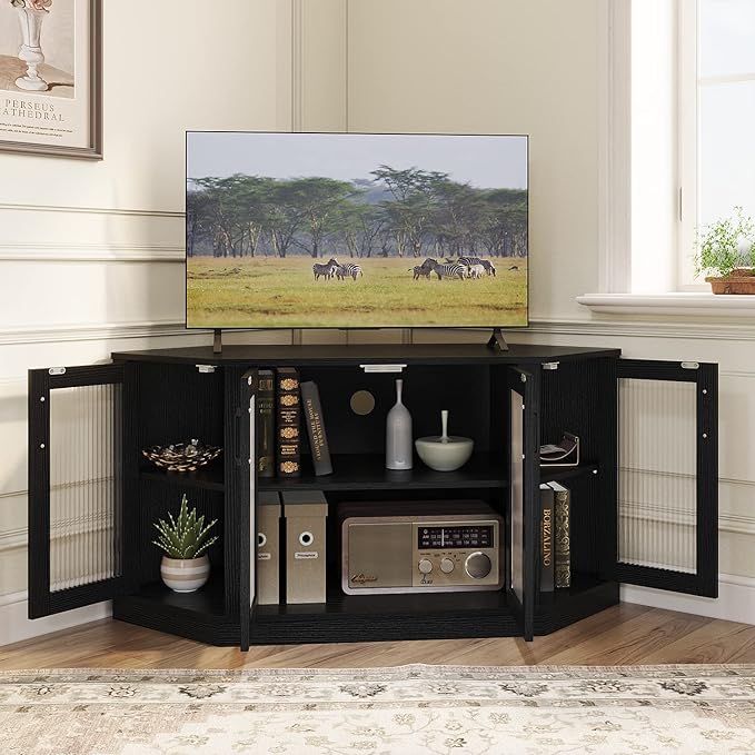 Panana Corner TV Stand - 47 Inch Media Console with 4 Doors and Shelves Living Room Storage Entertainment Center for TVs up to 51 Inch (Black)