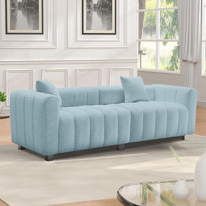 87.4 Oversized Boucle Sofa CouchModern Teddy Deep Seat SofaUpholstered Tufted Couchwith 2 Accent Pillow3 Seater Sofa for Living Room ApartmentOffices. (Blue)