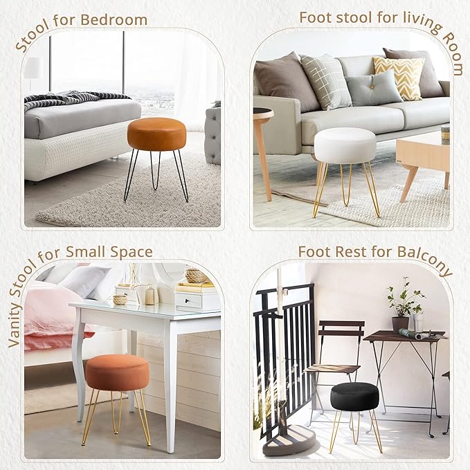 LUE BONA Vanity Stool Black Vanity Stools for Makeup Room Round Ottoman Foot Stool Velvet Footrest Vanity Chair for Bathroom Vanity Bedroom Living Room Entryway Offices