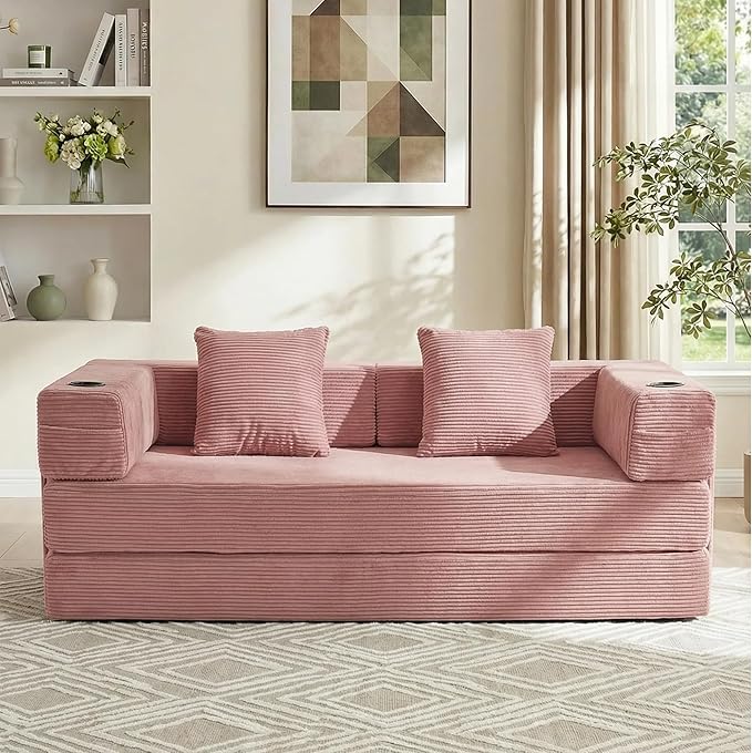 WELAX 72.8 Convertible Sleeper Sofa Bed Boneless Cloud Queen Futon Couches with Cupholders &amp Storage Pockets Corduroy Folding Floor Couch for Bedroom Apartment No Assembly Pink