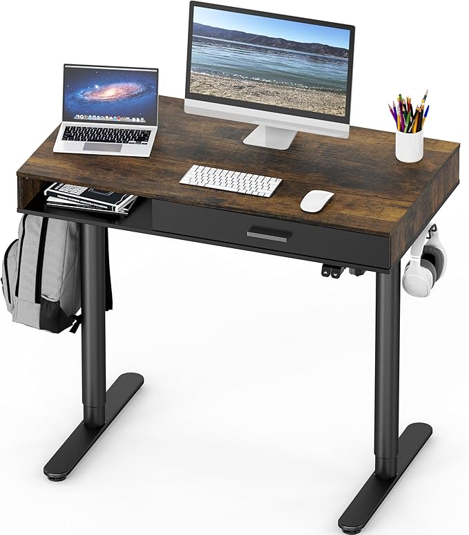 SHW 40-Inch Height Adjustable Claire Electric Standing Desk with Drawer Rustic Brown
