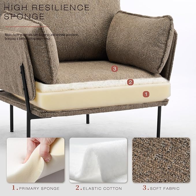 Modern Boucle Accent Chairs Set of 2 for Living Room ChairsOversized Upholstered Reading Chair Lounge Armchair with Sturdy Metal LegsComfy Single Sofa Chair for Living RoomWaiting Room（Brown）