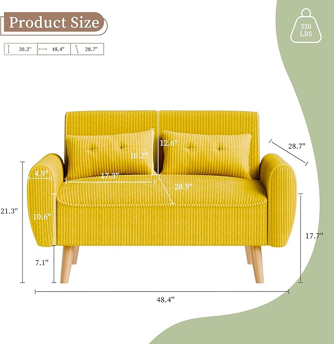Vongrasig 48 Small Modern Loveseat Sofa Mid Century Soft Corduroy Fabric 2-Seat Sofa Couch Tufted Love Seat with Back Cushions and Tapered Legs for Living Room Bedroom and Small Space (Yellow)