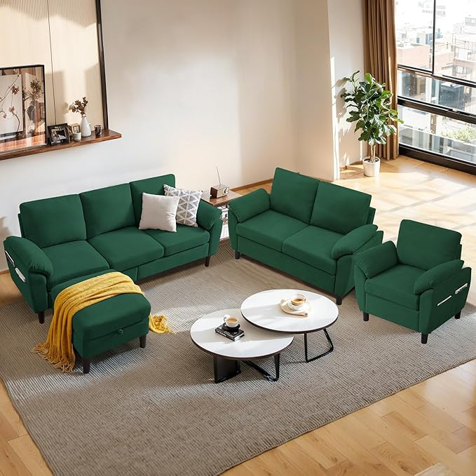 3 Pieces Sectional Sofa Couches Set 3-Seater L Shaped Couch Sofas and Loveseat with Armchair and Storage Ottoman for Living Room Living Room Furniture Set Green