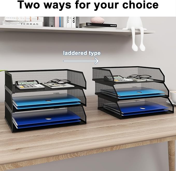 Natwind 3-Tier Stackable Paper Tray Metal Mesh Desktop Organizer A4 Paper Sorter Letter TraysFile Folder Sorter Organizer with Sliding Tray for Home Office School (Black)