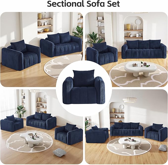 66 Loveseat Sofa Cloud Boneless Couch for Living Room Upholstered Compressed Sofa Deep Seat Corduroy Sofa with 2 Pillows &amp Armrests for Small Spaces for Bedroom Apartment Office Blue