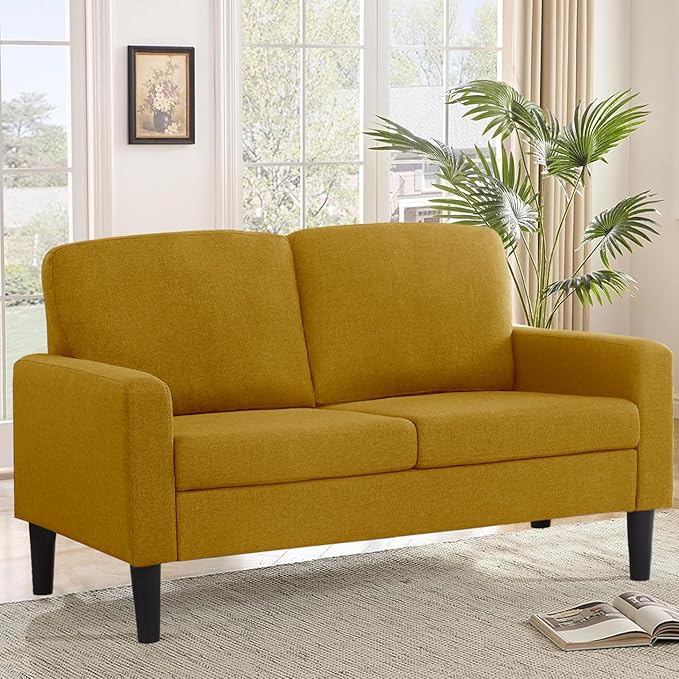 Flesser Loveseat Sofa 53 Small Couch Yellow Love Seat for Small Sapces Comfy Linen Fabric 2 Seater Couch for Bedroom Apartment Office All-Wood Couches Tool-Free