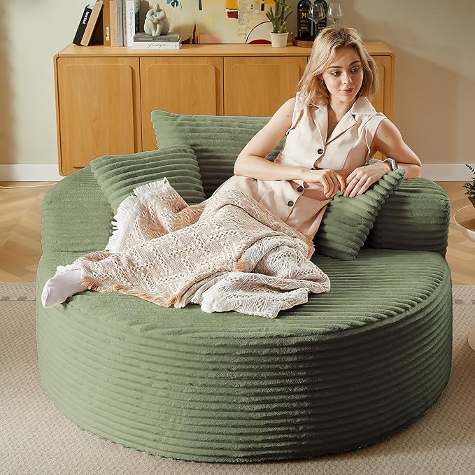 55''L Oversized Round Chaise Longue Chair Indoor Corduroy Sponge Single Sofa Oversized Round Chairs Modern Sleeper Chair for Living RoomProjection Room Wide Armrest Chairs Green