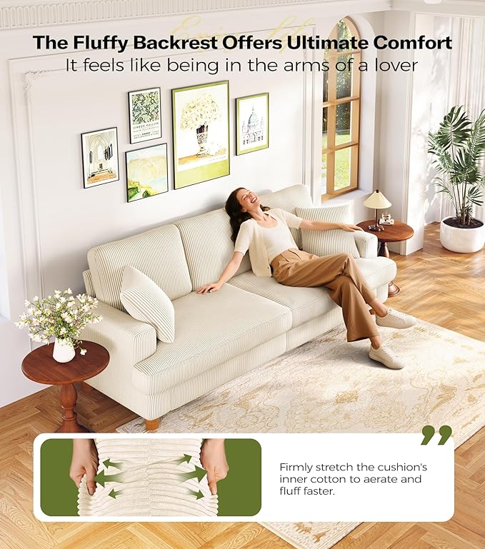87in Corduroy Couch Kidirect Sofa No Tool Assembly Comfy Couches for Living Room 21in Deeper Seats Corduroy Sofas for Living Room with 2 Pillows Oversized Loveseat Sofa Boho Love Seat Beige Couch