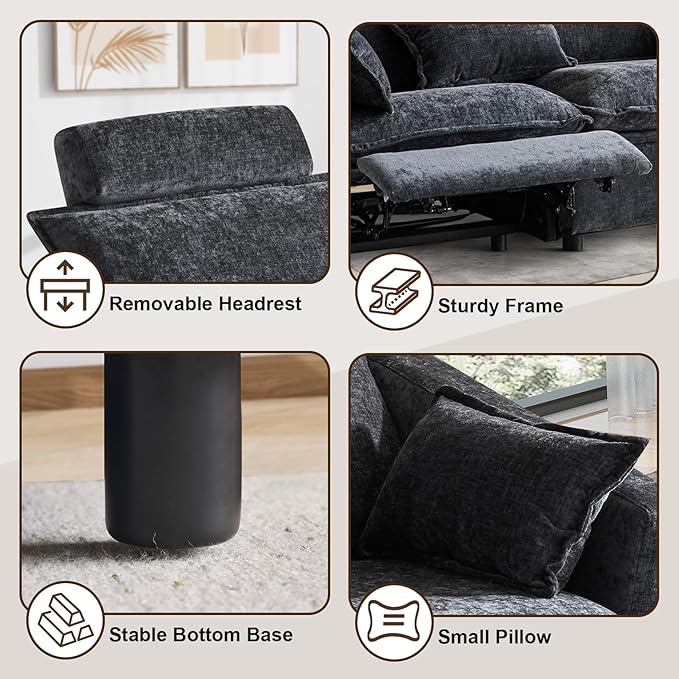 Oversized Power Reclining Sofa with Adjustable Headrest Storage Seat Power Loveseat Recliner Sofa with USB Port Wall Hugger Comfy Cloud Couch Chenille for Living Room (Grey Sofa)