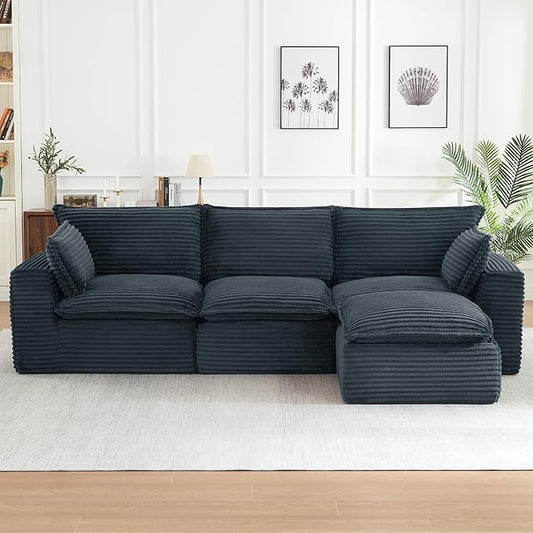 Modern L Shape Boneless Couch 109.4 Modular Sectional Sofa with Ottoman Comfy Corduroy Cloud Sofa with Deep Seat &amp Double-Layer Cushion Convertible 4 Seater Sleeper Couches for Living Room Gr