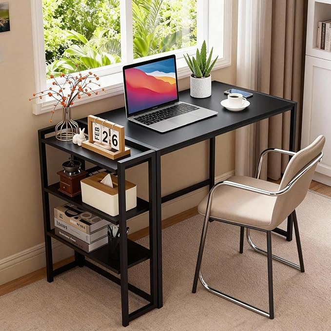 35 Folding Desk Pre-Assembled No Assembly Computer Writing Desk with Storage Shelf Portable Space Saving Desk for Bedroom Home Office Dorm Apartment Black
