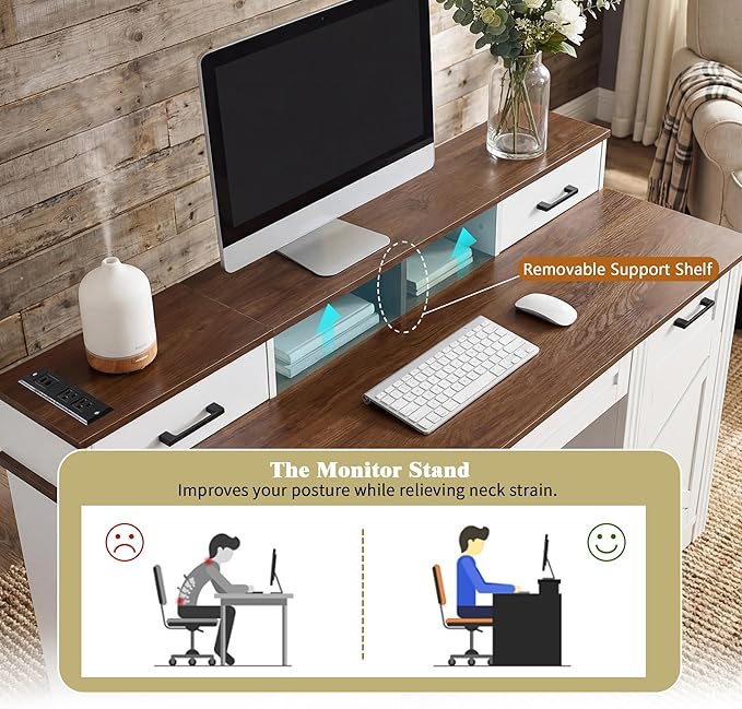 55 Farmhouse Home Office Executive Computer Desk with USB Drawer and Monitor Stand Large Ergonomic Writing Gaming Desk Table with Kyboard Peg Board Storgae Cabinet(White)