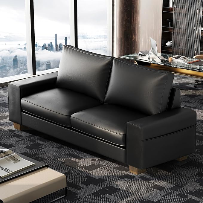 Faux Leather Couch Mid Century Modern Comfy Loveseat Sofa with Wide Arm Side Pockets Solid Wooden Frame for Office Living Room and Bedroom 3 Seater (Black 88.58 inches)
