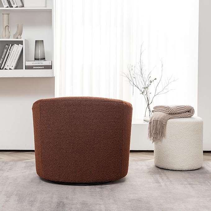 KINWELL 34 Boucle Swivel Barrel Chair with 18 Round Ottoman Set Fully Assembled Set of Sherpa Accent Chair and Footrest Modern Comfy Armchair and Footstool for Living Room and Bedroom Brown